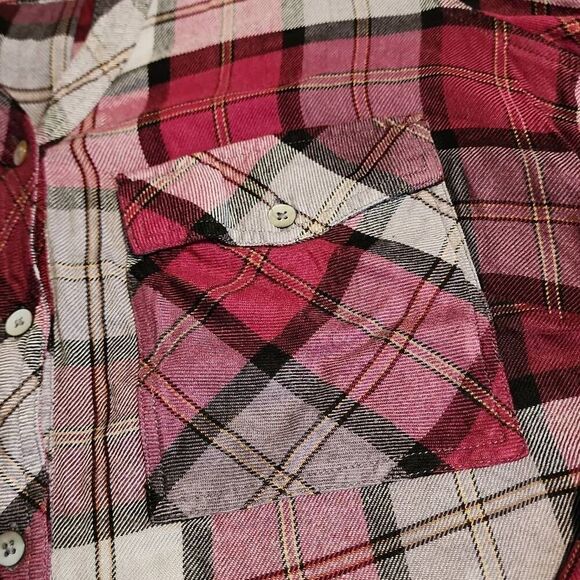 Intro Women's Plus Size 1X V Neck Button Front Maroon Plaid Flannel Top - Picture 3 of 12